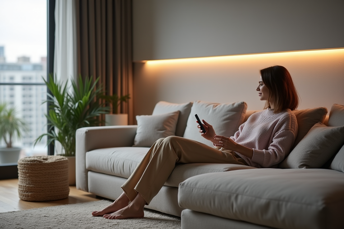 Jeune femme ajustant la couleur LED dans un salon moderne