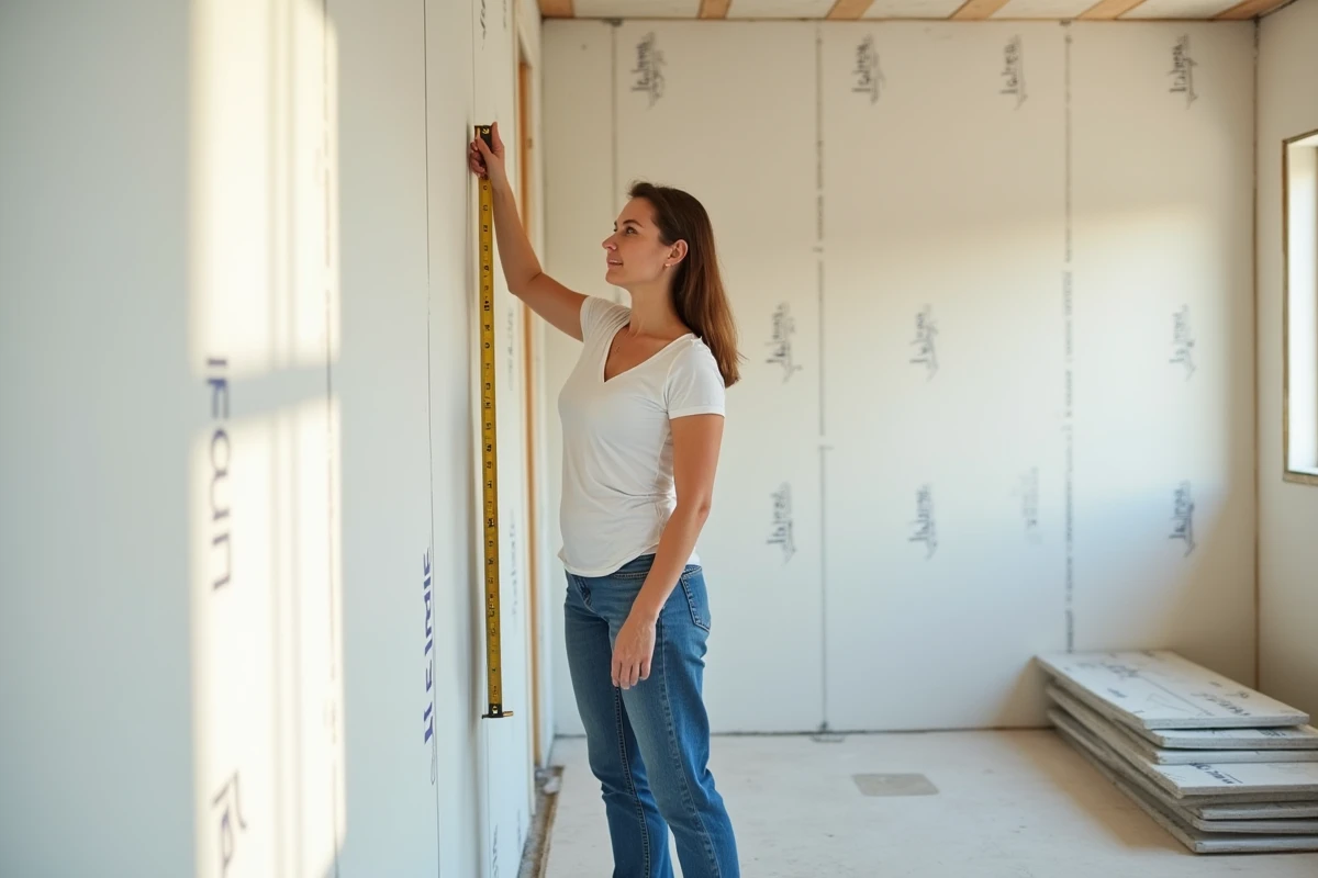 Femme mesurant un mur isolé dans une rénovation lumineuse