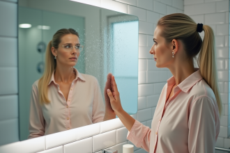 Femme examinant la condensation sur un miroir de salle de bain