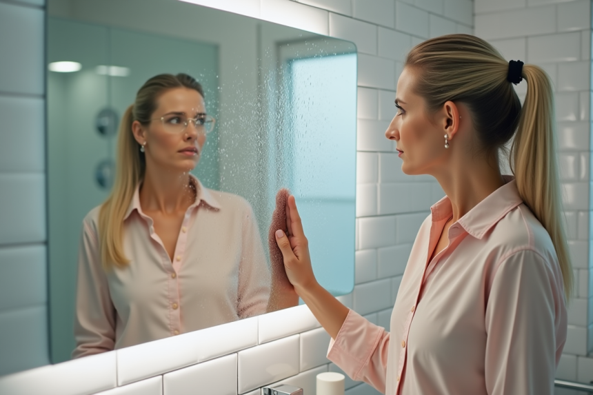 Femme examinant la condensation sur un miroir de salle de bain