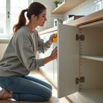 Jeune femme nettoyant un placard de cuisine vide
