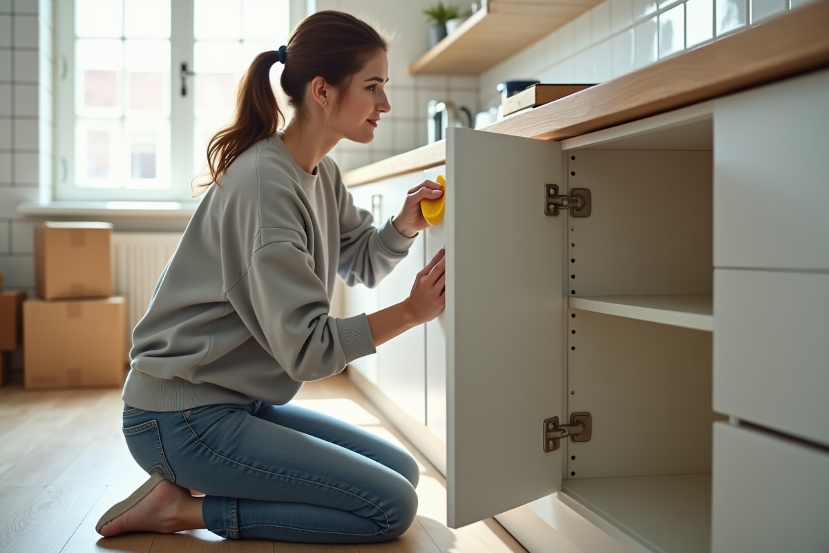 Jeune femme nettoyant un placard de cuisine vide