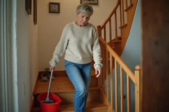 Femme d'âge moyen nettoyant un escalier en bois avec éponges