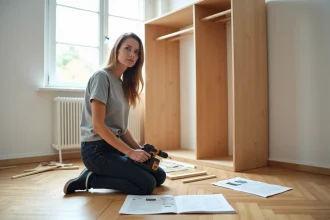 Femme assemblant seule un dressing kit modulable dans une chambre moderne avec parquet en chêne