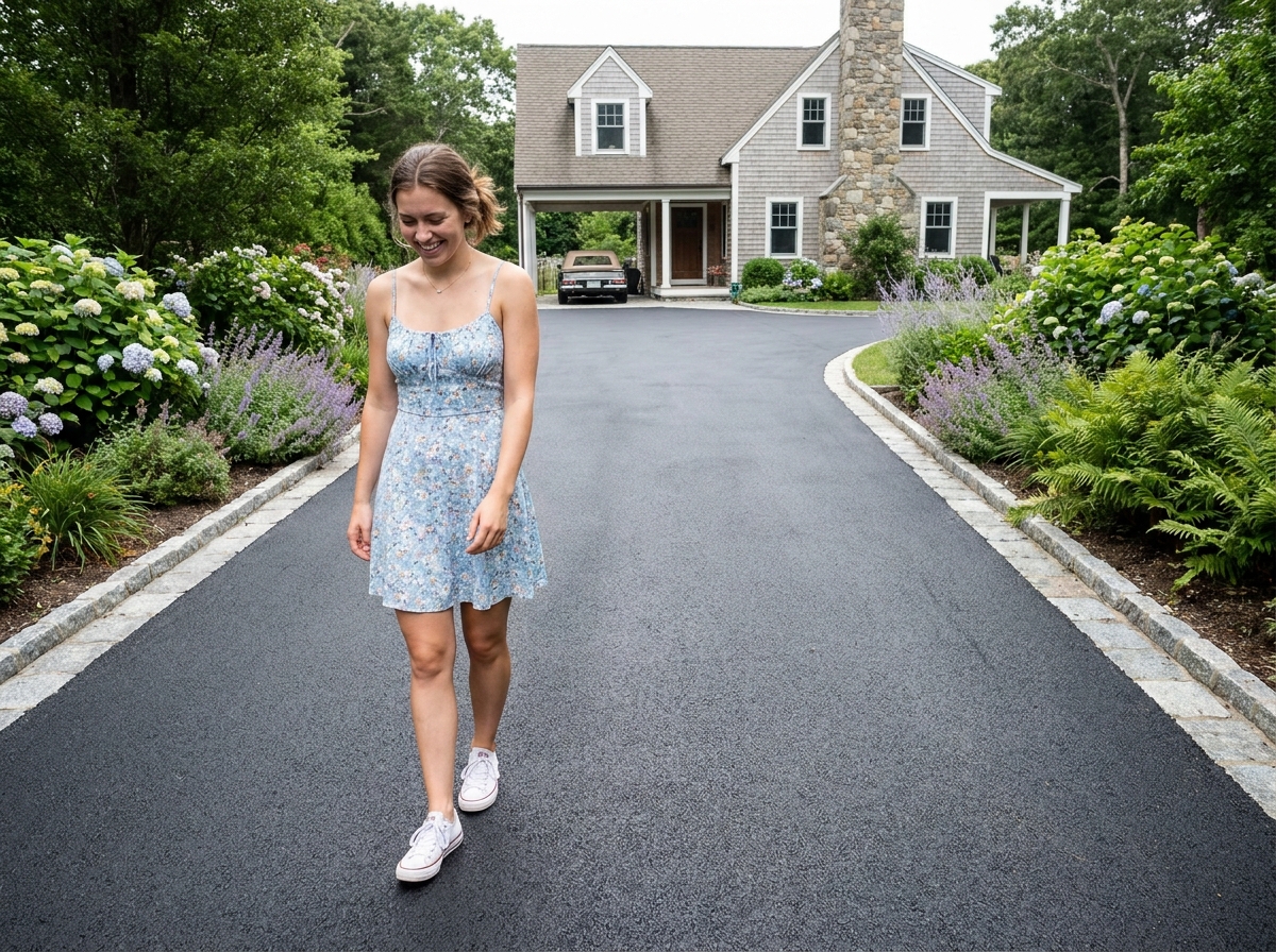 Jeune femme souriante marche sur une voie pavée neuve