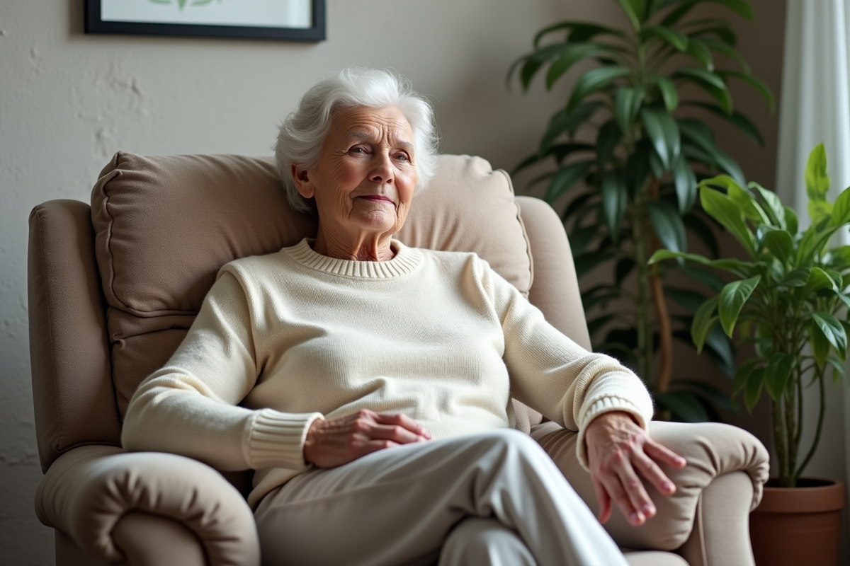 Femme âgée assise sur un fauteuil avec housse protectrice