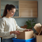 Femme recyclant du carton dans une cuisine moderne