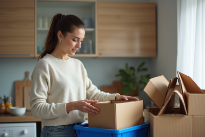 Femme recyclant du carton dans une cuisine moderne