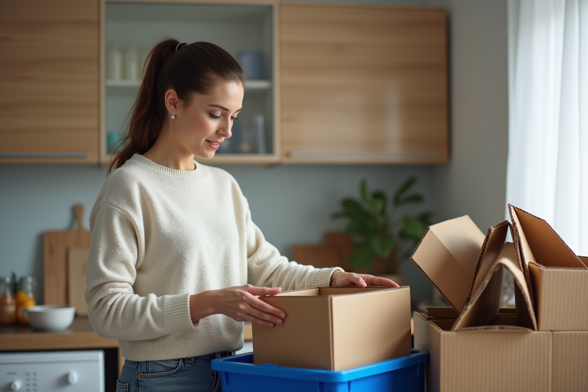 Femme recyclant du carton dans une cuisine moderne