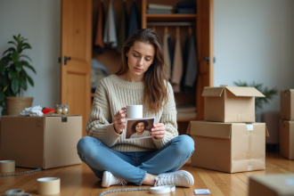 Femme pensant avec photo de famille dans un appartement