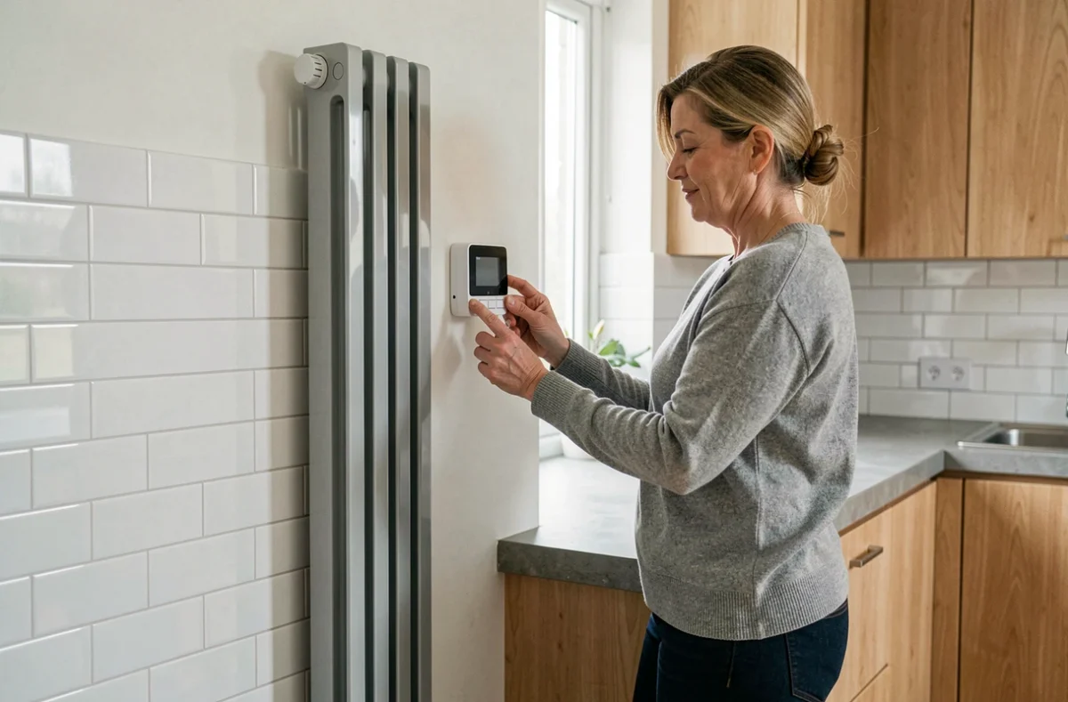 Femme réglant le thermostat numérique d'un radiateur vertical design dans une cuisine rénovée chauffée par pompe à chaleur