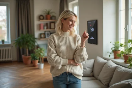 Femme ajustant un thermostat moderne dans son salon cosy