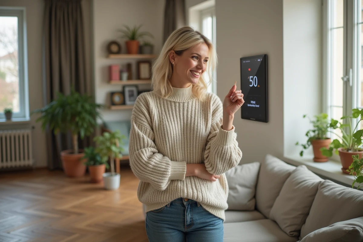Femme ajustant un thermostat moderne dans son salon cosy