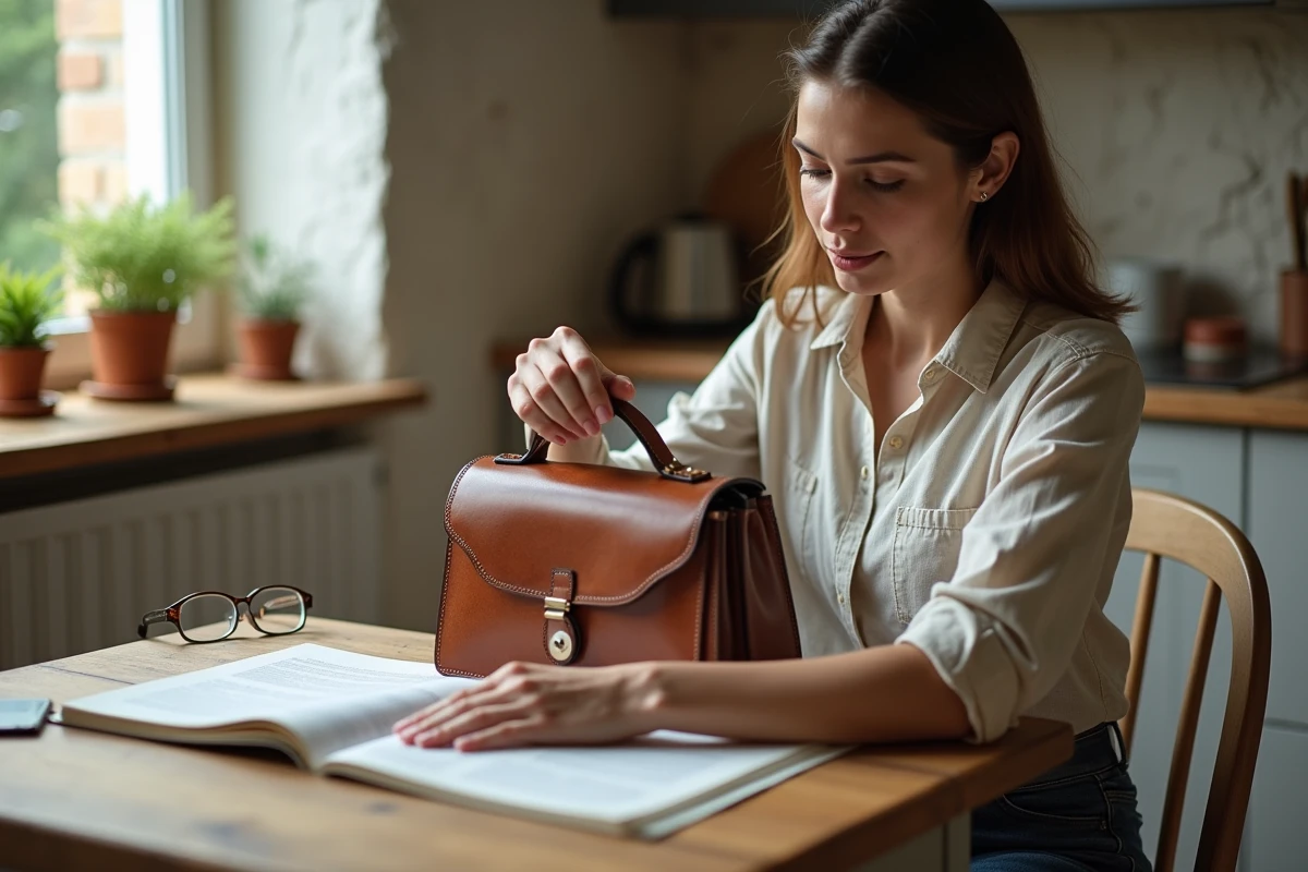 Femme rénovant un sac à main en cuir usé à son domicile avec une solution de restauration et une éponge applicatrice