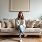 Femme assise confortablement dans un salon moderne et lumineux