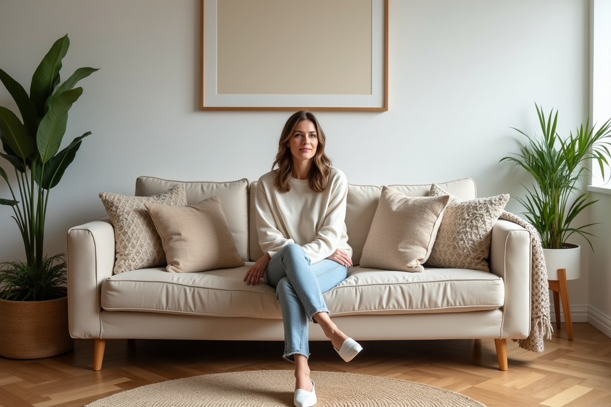 Femme assise confortablement dans un salon moderne et lumineux