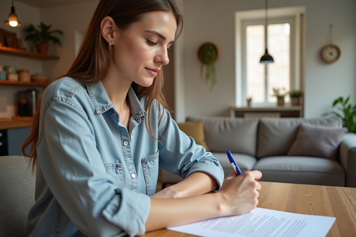 Jeune femme consulte un contrat de vente dans un appartement lumineux