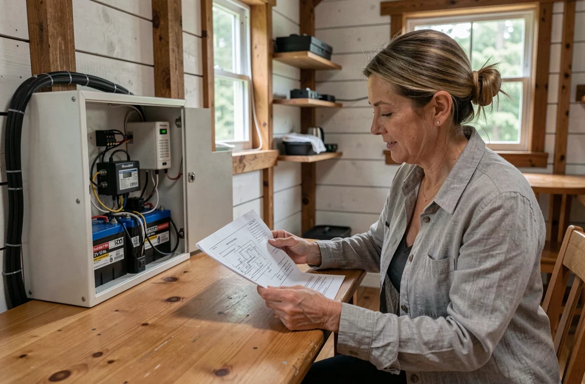 Femme consultant un schéma de câblage pour une batterie 12V connectée à un panneau solaire 300W dans un chalet autonome