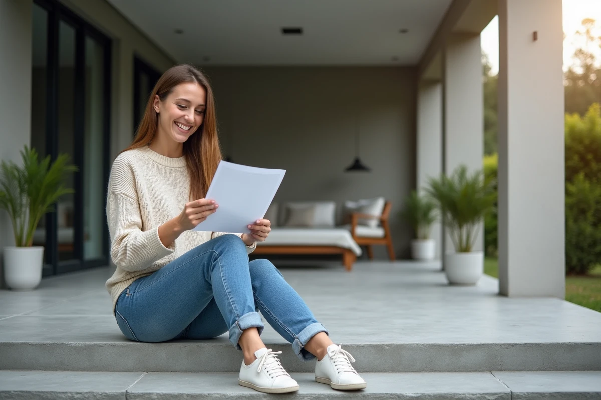 Femme souriante assise sur une terrasse en béton moderne