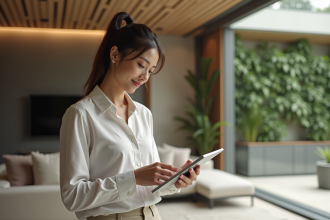 Jeune femme utilisant une tablette dans une maison écologique