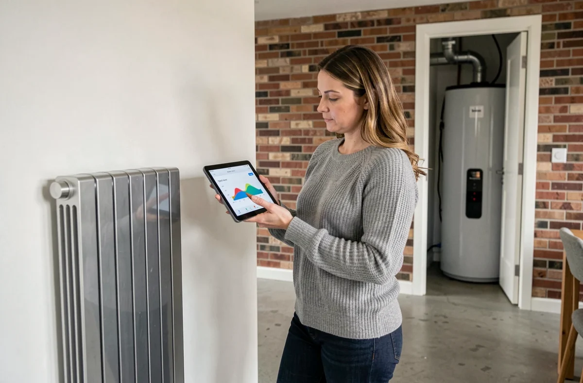 Femme consultant des données énergétiques sur tablette près d'un radiateur connecté à une pompe à chaleur