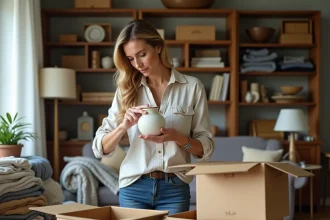 Femme triant des objets ménagers dans des cartons lors d'un débarras de maison