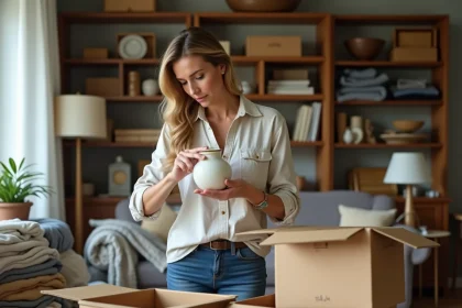 Femme triant des objets ménagers dans des cartons lors d'un débarras de maison