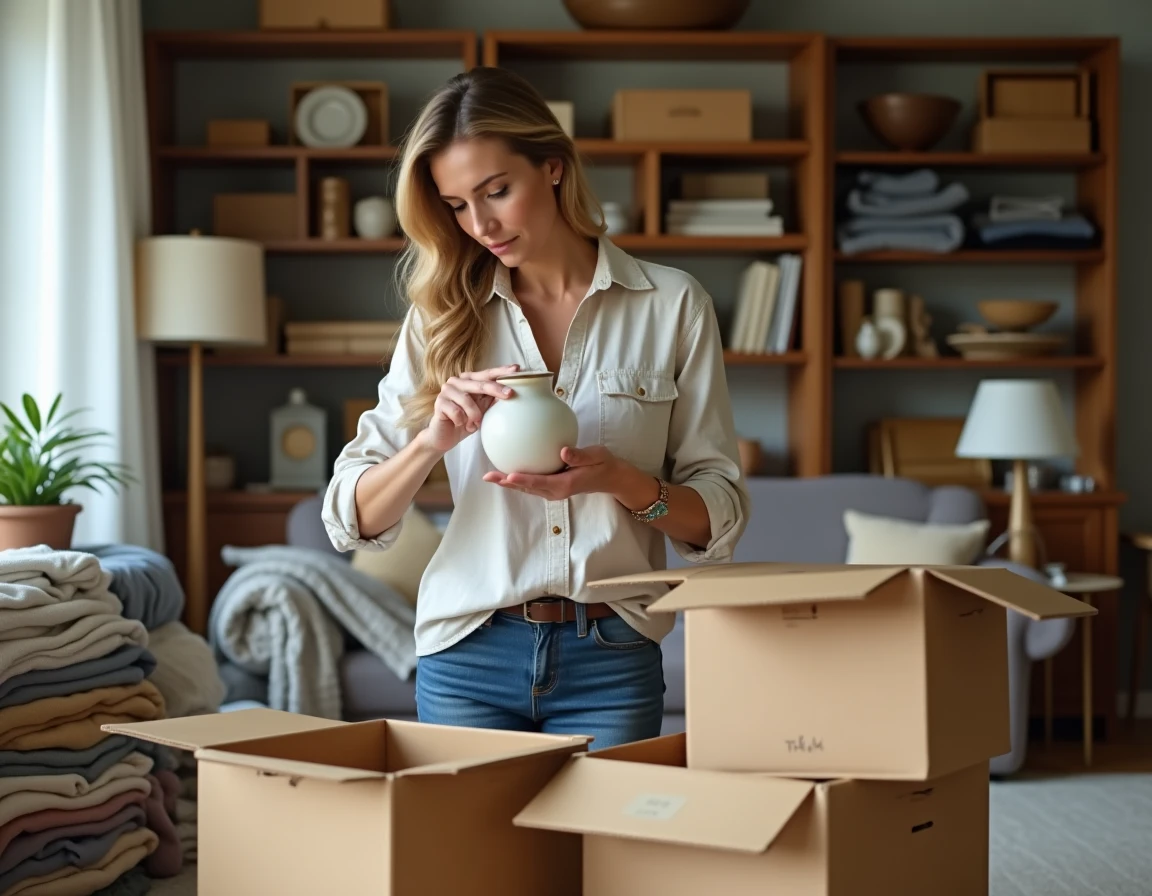 Femme triant des objets ménagers dans des cartons lors d'un débarras de maison