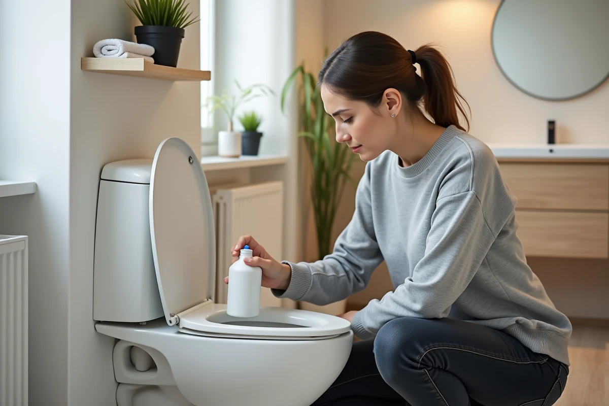 Femme utilisant un détartrant liquide pour déboucher un sanibroyeur dans une salle de bain moderne