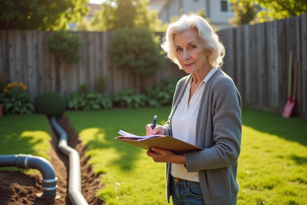 Femme senior vérifiant un tuyau PVC dans son jardin
