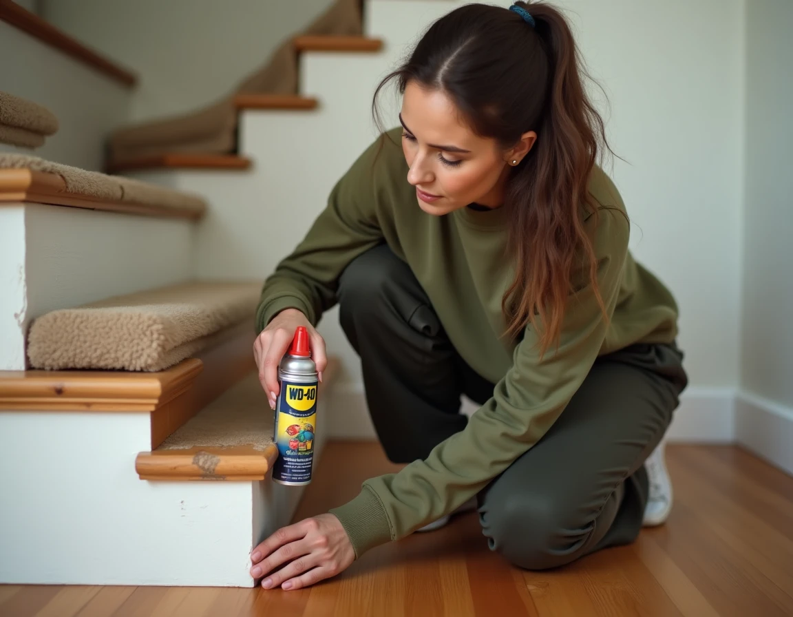 Femme utilisant un tube fin de WD-40 pour cibler les jointures d'un escalier en bois qui grince