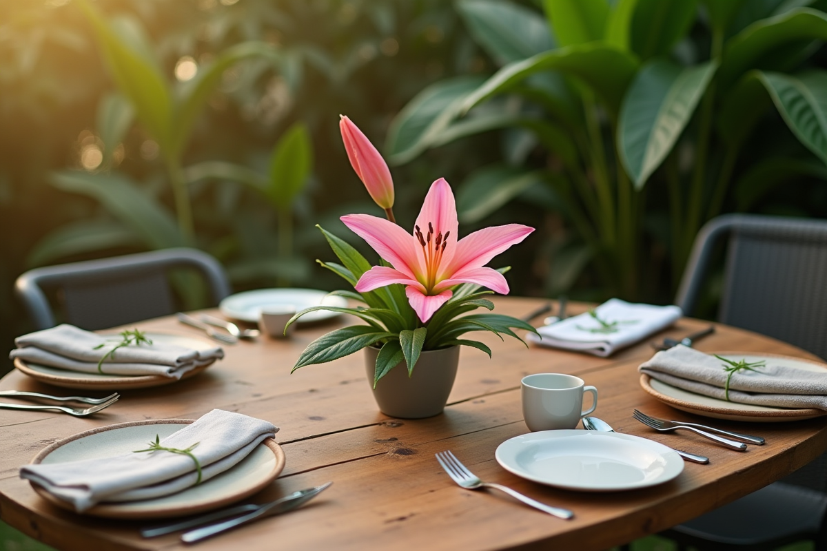 Fleur en V sur une table en bois entourée de plantes