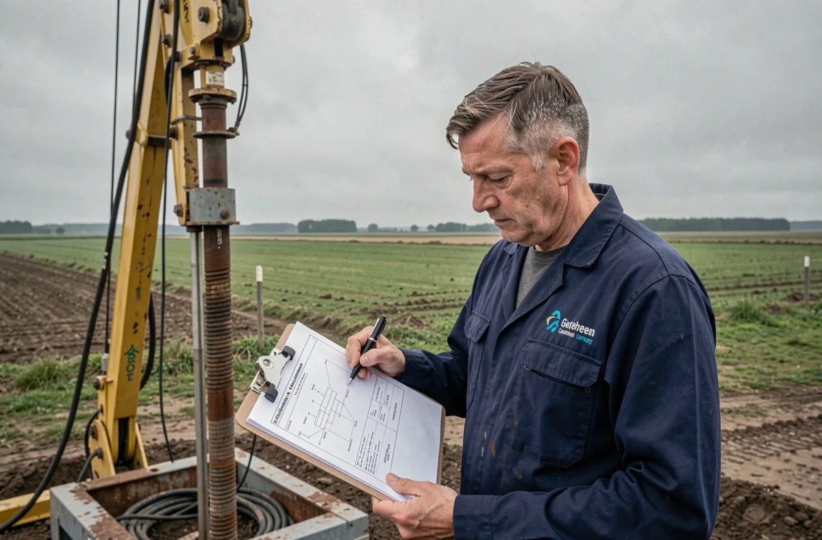 Spécialiste de Géothermique Normandie examinant un rapport de forage devant une installation de sonde géothermique verticale dans un paysage rural normand