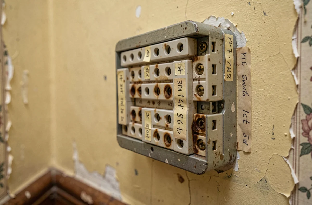 Gros plan d'un ancien boîtier de fusibles en porcelaine avec traces de chaleur et étiquettes manuscrites