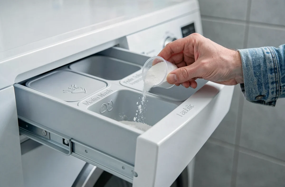Gros plan sur le bac à lessive d'un lave-linge avec les compartiments pré-lavage, lavage et assouplissant bien visibles