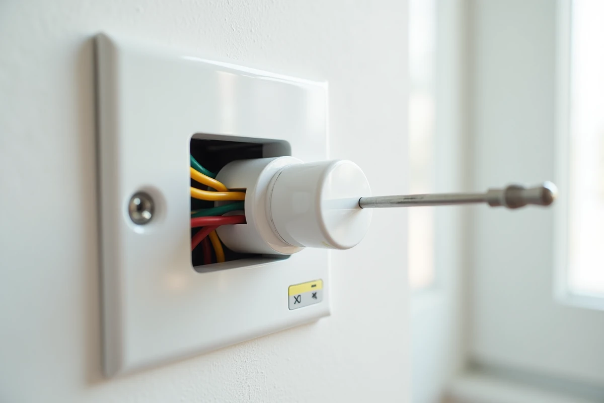 Gros plan sur un bouton poussoir électrique encastré avec câblage apparent et boîtier d'installation