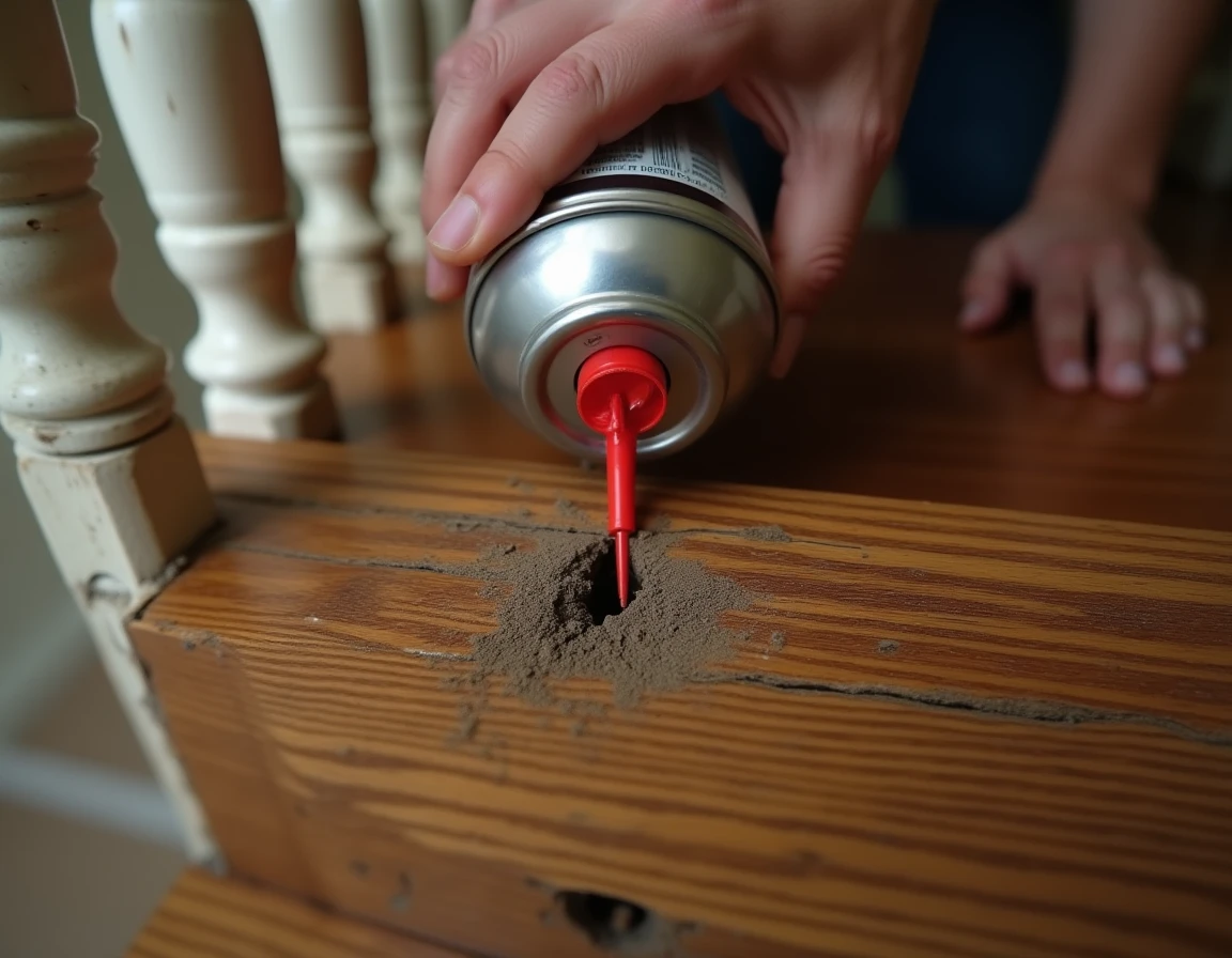 Gros plan sur la buse de WD-40 introduite dans la fissure d'une marche d'escalier en bois pour stopper les grincements