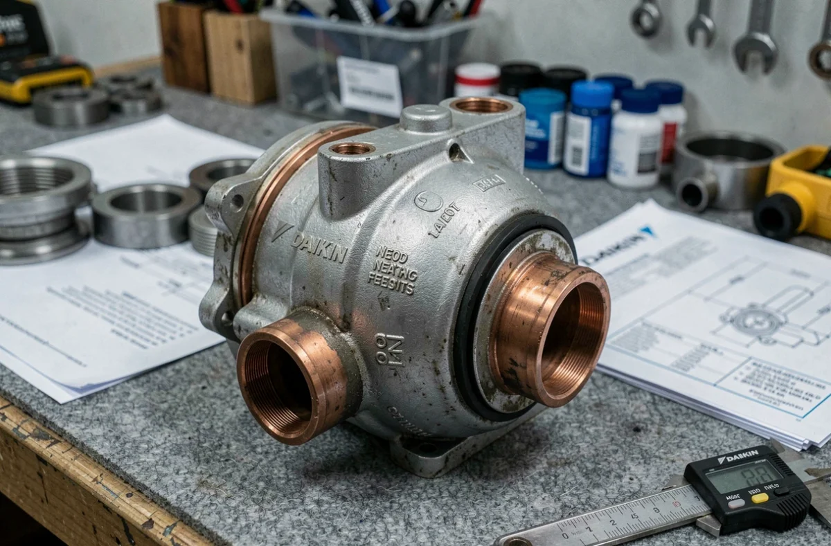 Gros plan sur un circulateur de pompe à chaleur Daikin posé sur un établi d'atelier