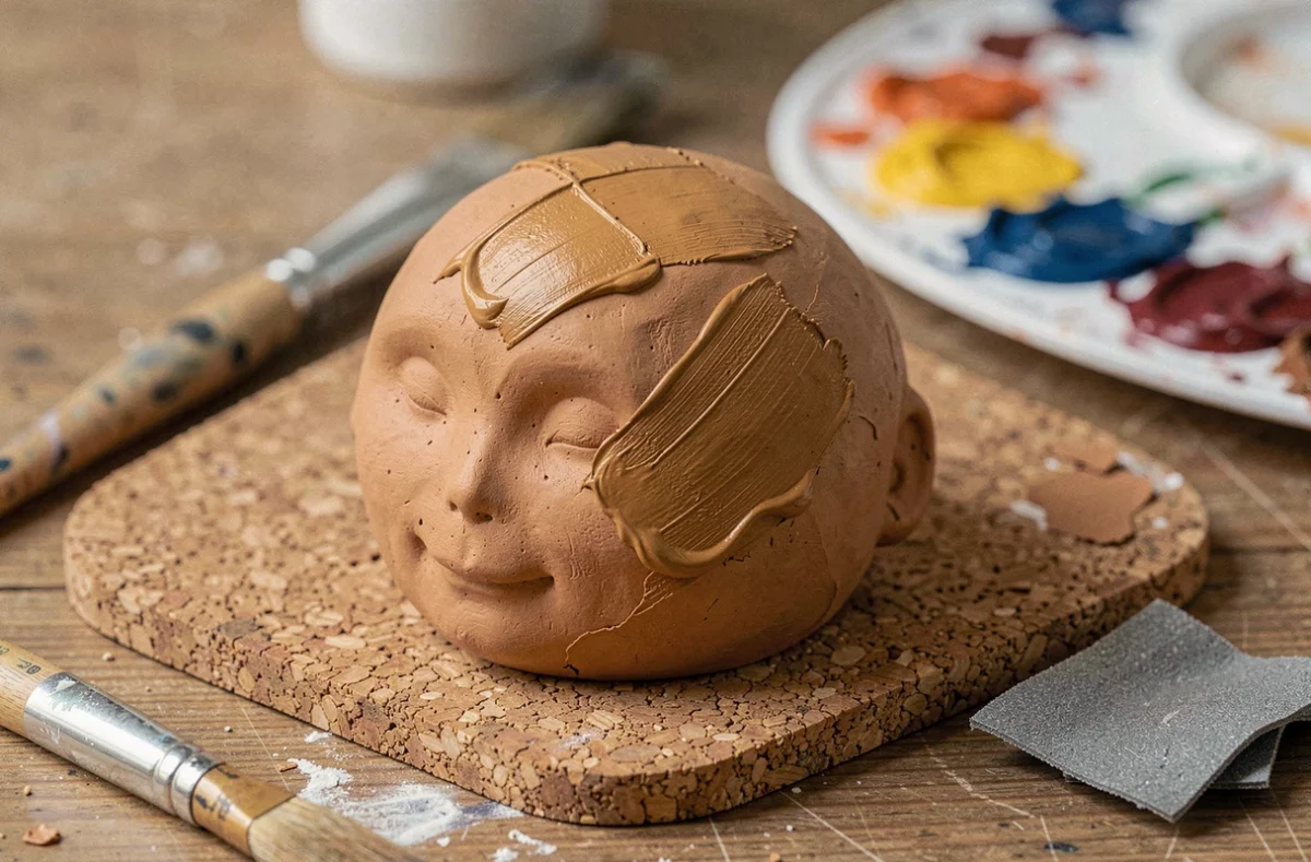 Gros plan sur une figurine en argile autodurcissante mal peinte montrant des erreurs courantes : coups de pinceau inégaux, peinture qui s'accumule et zones non adhérentes