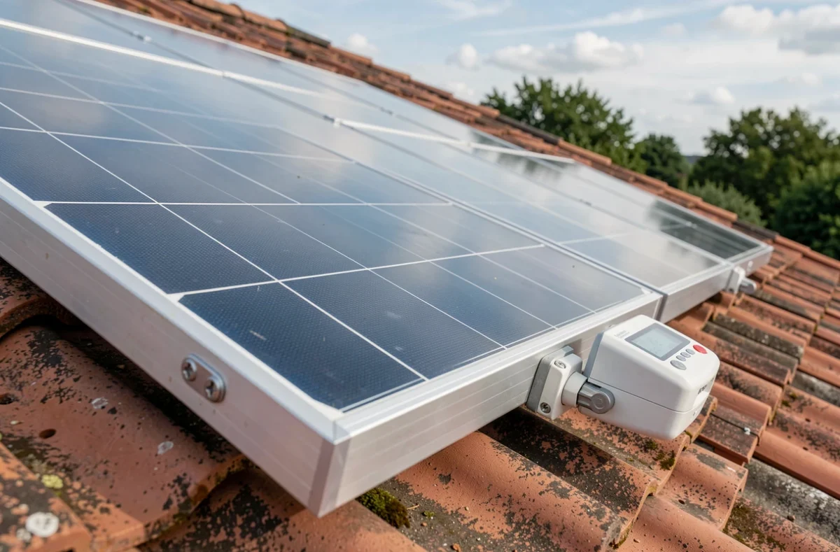 Gros plan sur un panneau solaire photovoltaïque installé sur une toiture résidentielle avec compteur de production