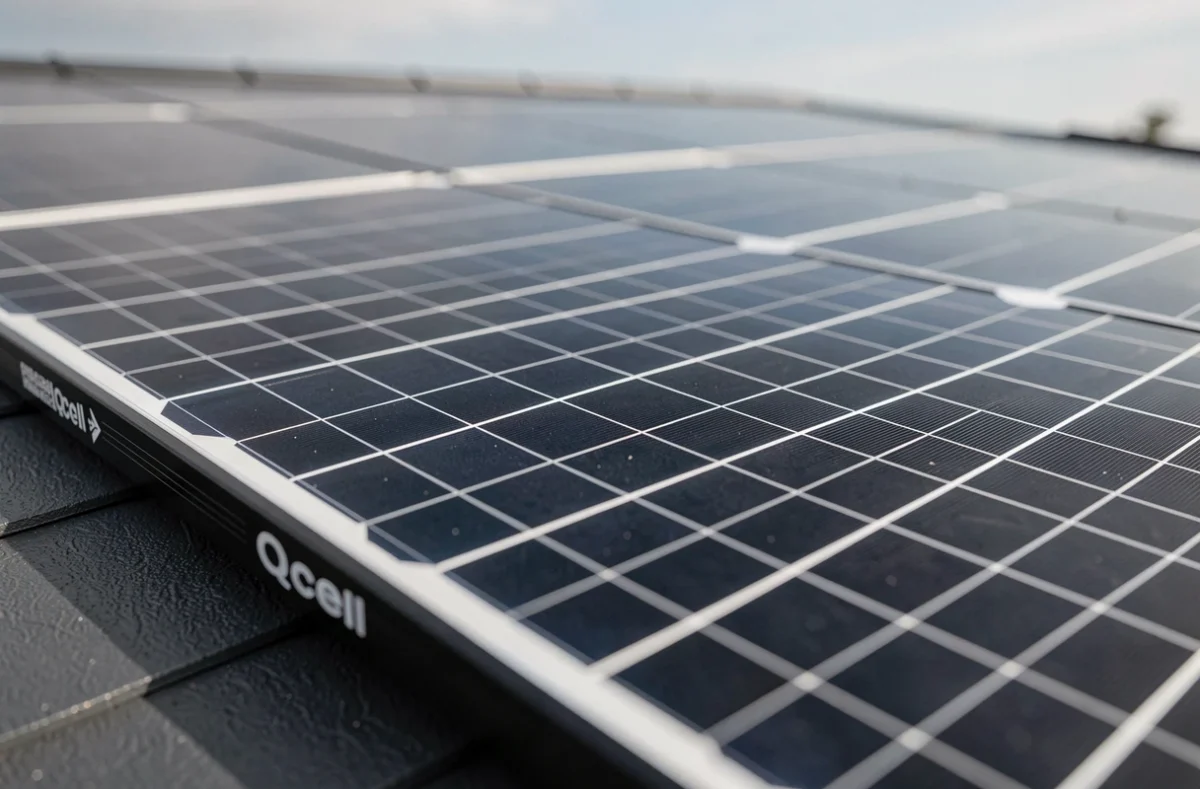 Gros plan sur la surface d'un panneau solaire Qcell avec ses cellules monocristallines et son cadre en aluminium