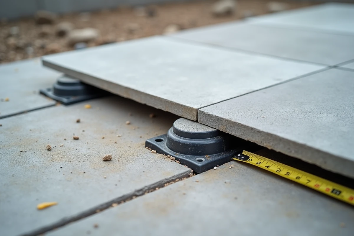 Gros plan sur un plot béton mal centré sous une dalle de terrasse carrelée, erreur de pose fréquente