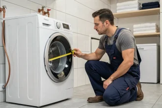 Plombier mesurant la hauteur standard d'une machine à laver avec un mètre ruban jaune dans une buanderie moderne carrelée