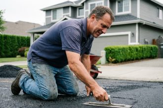 Homme en travail sur une voie d'accès en asphalt
