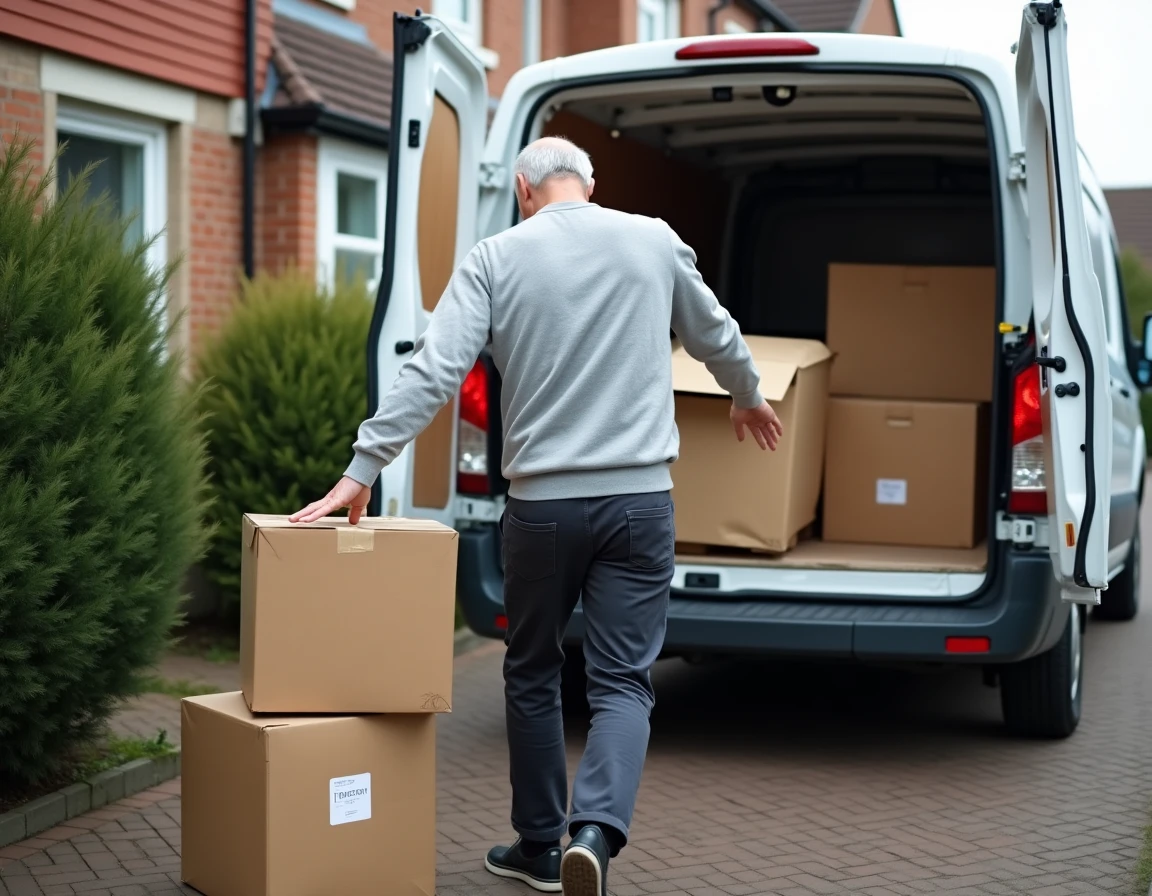 Homme chargeant des cartons de dons dans un van lors d'un débarras de maison