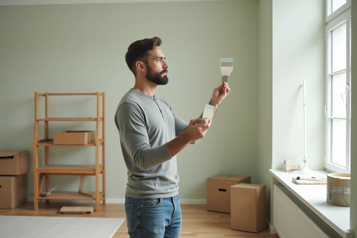 Homme choisissant une couleur de peinture dans un salon en cours d'aménagement