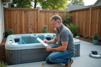 Homme vérifiant un manuel d'installation de spa dans le jardin