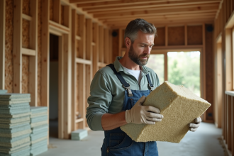 Homme inspectant une laine mineral insolation dans une maison