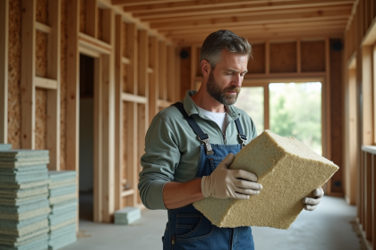 Homme inspectant une laine mineral insolation dans une maison