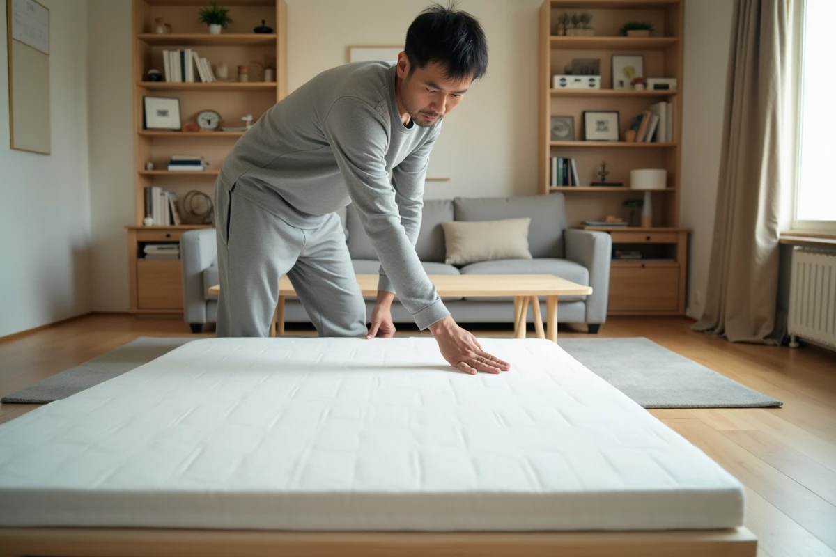 Homme japonais examine un matelas en latex dans le salon
